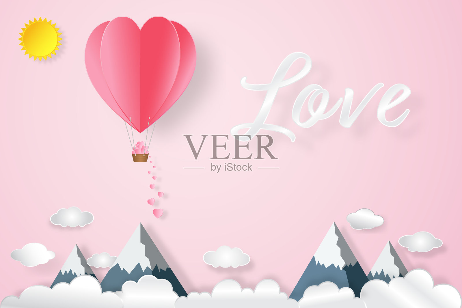 热气球和粉色的心，阳光下的粉红色天空为爱的背景，情人节在2月14日，婚礼和纸艺术概念。矢量插图。插画图片素材