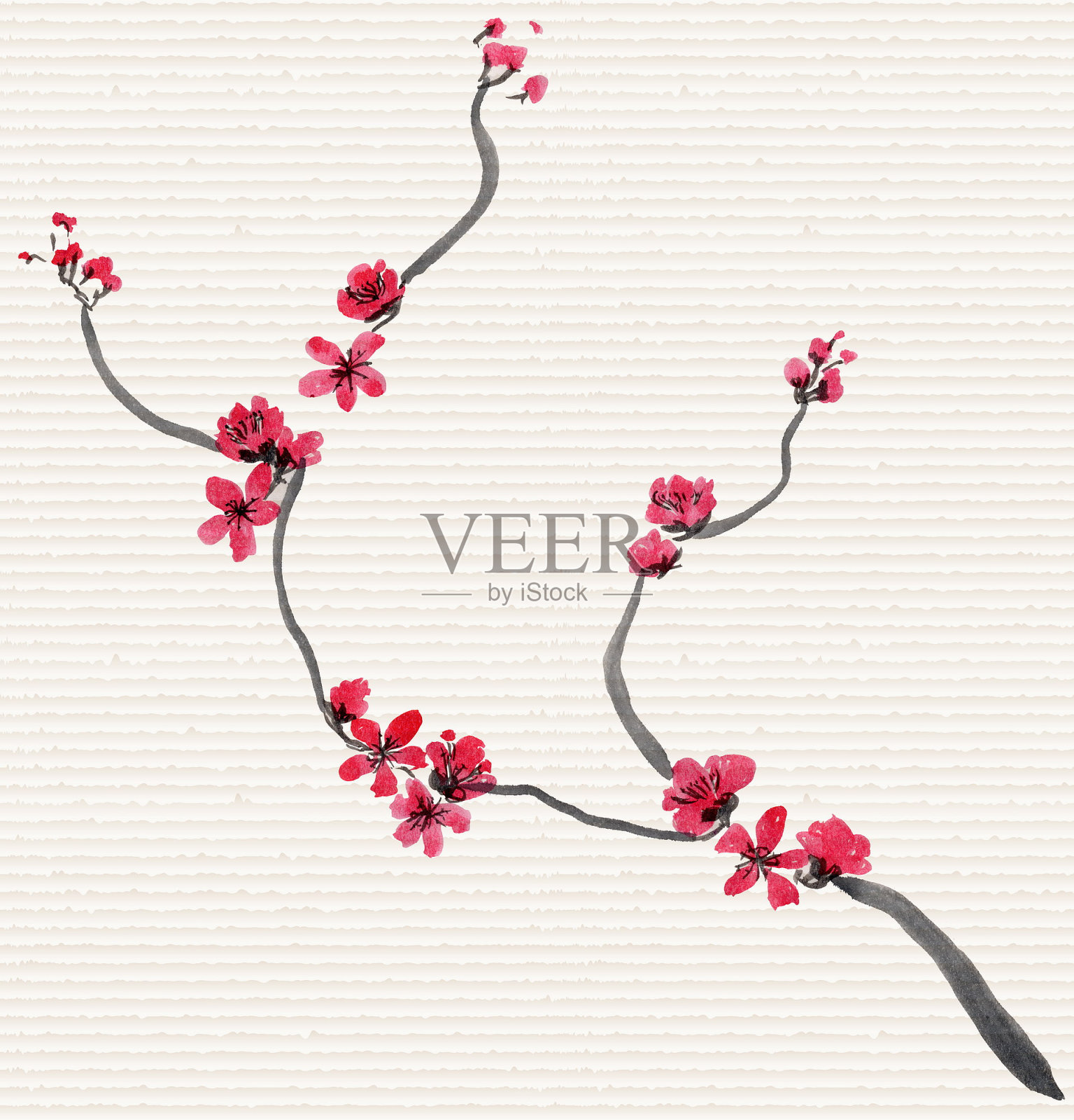 抽象花卉拼贴在日本民俗画风格的隅美。粉红色手画幻想中国梅花和树枝在宣纸背景。蜡染，书皮，t恤印花插画图片素材