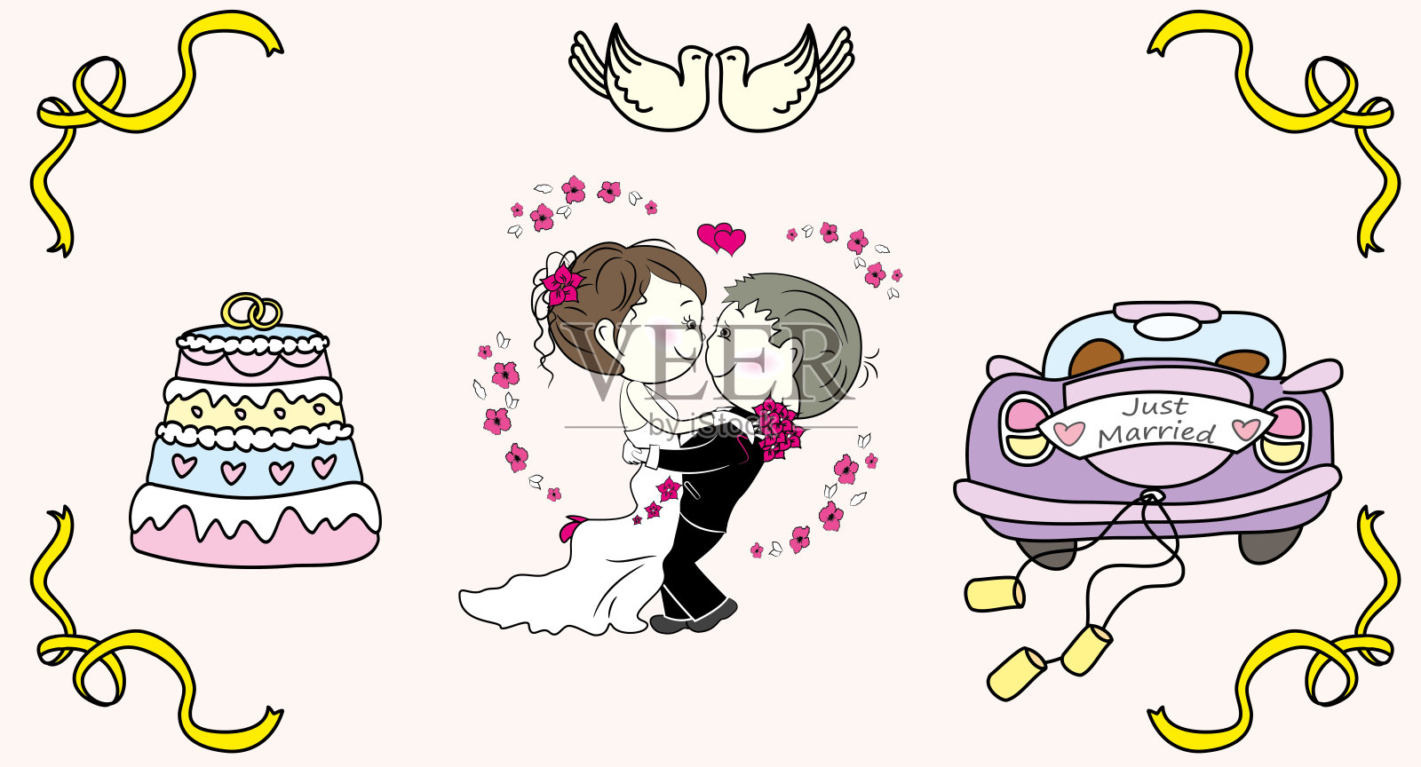 蛋糕配蜡烛，新娘车，新娘和新郎插画图片素材