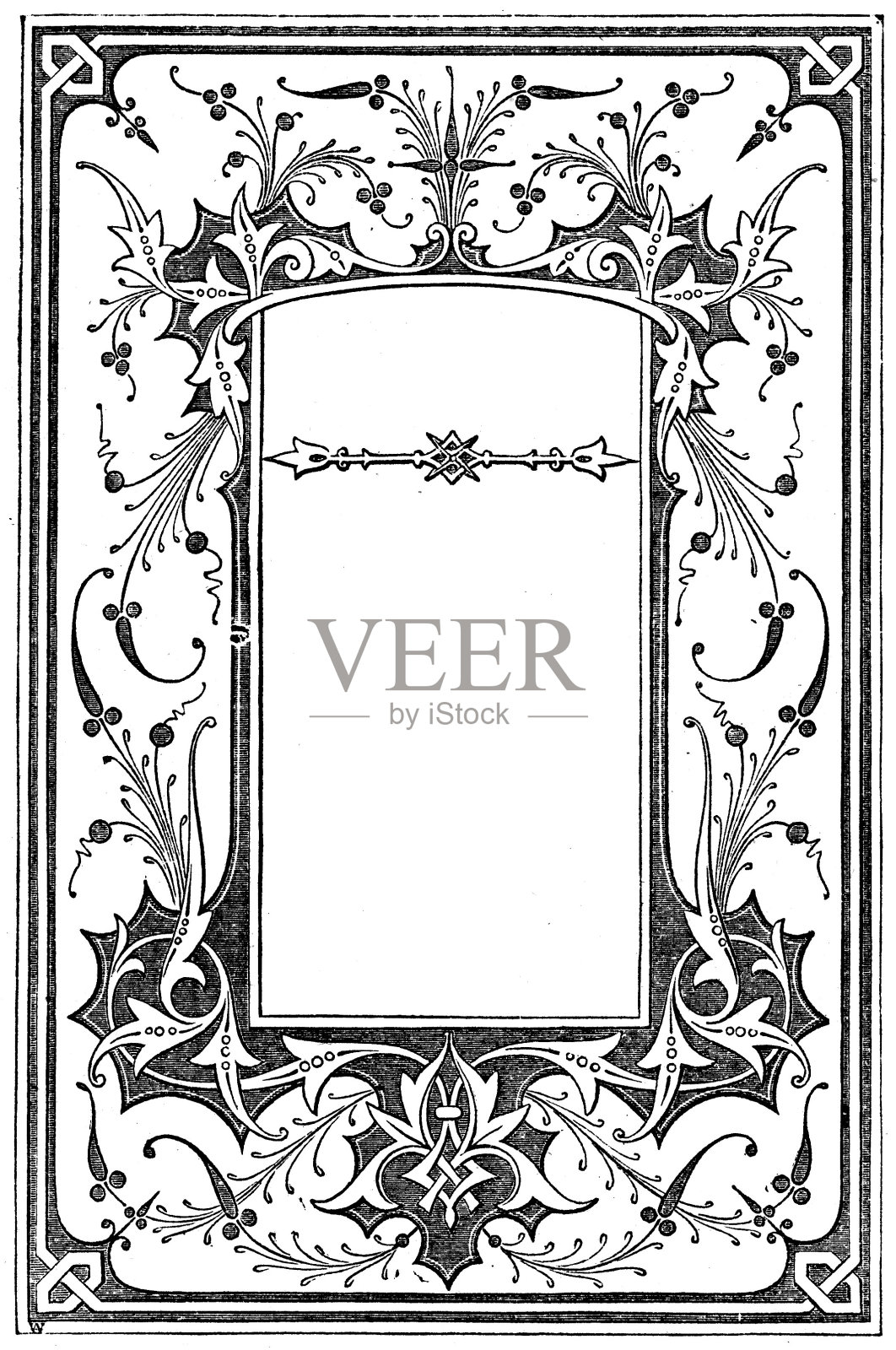 维多利亚黑白照明页框样式1月1日与空文本框;19世纪华丽的书页装饰1866年插画图片素材