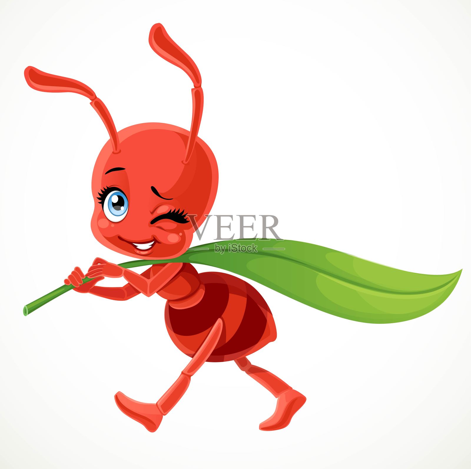 可爱的卡通红蚂蚁背着绿色的草叶子孤立在一个白色的背景设计元素图片