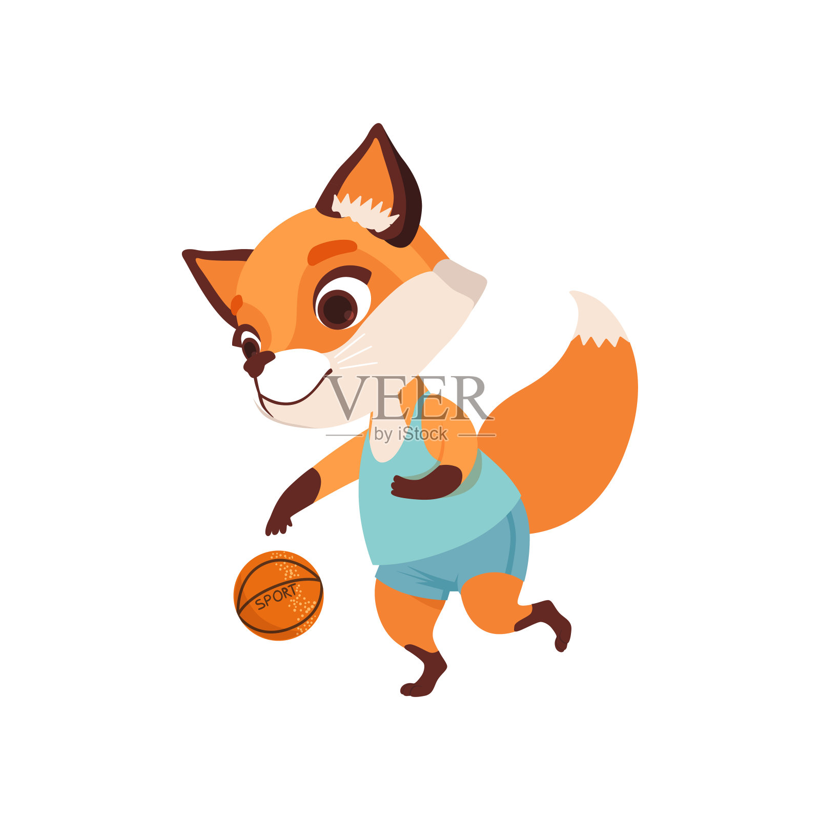 可爱的狐狸角色打篮球，有趣的森林动物矢量插图上的白色背景插画图片素材
