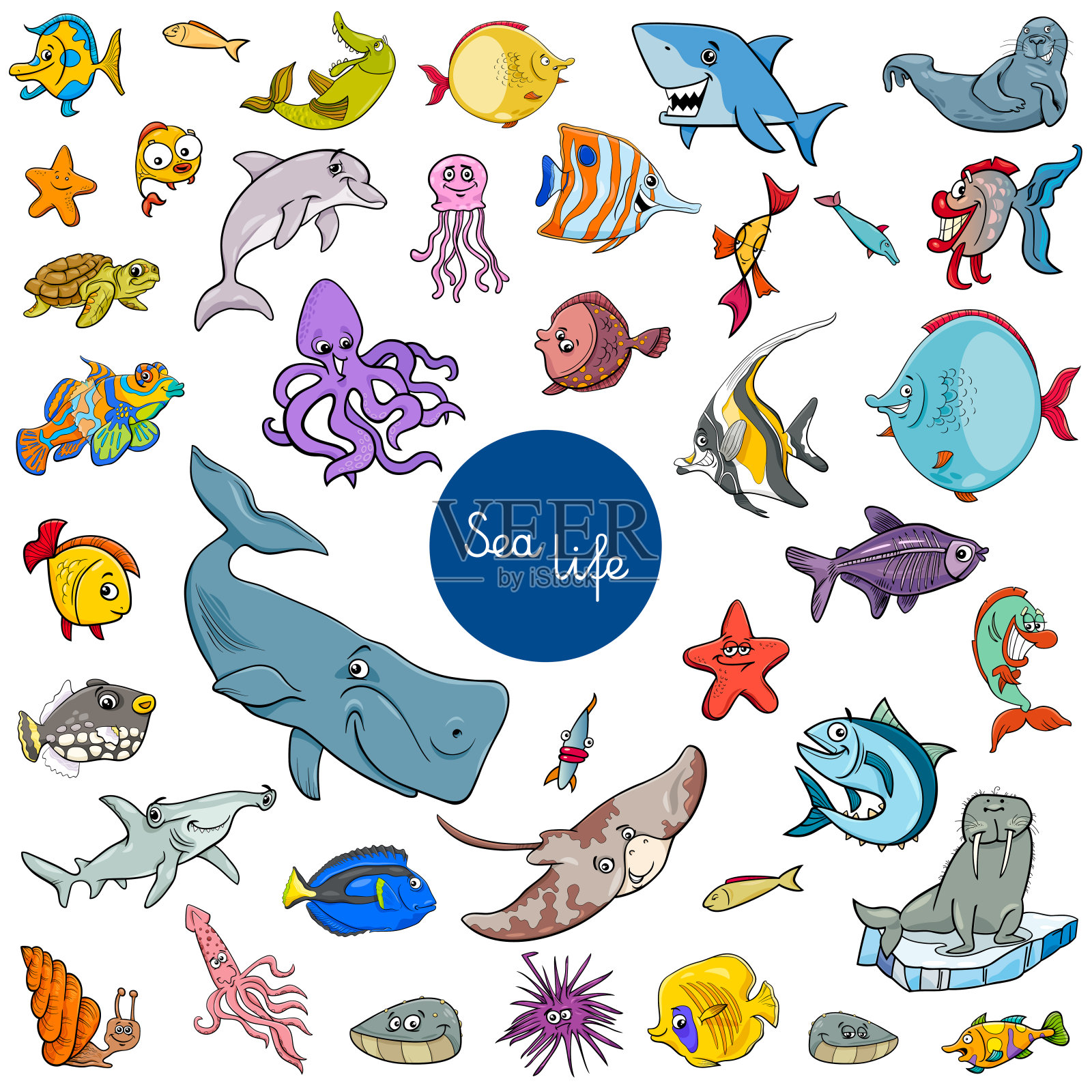卡通海洋生物动物人物设置插画图片素材