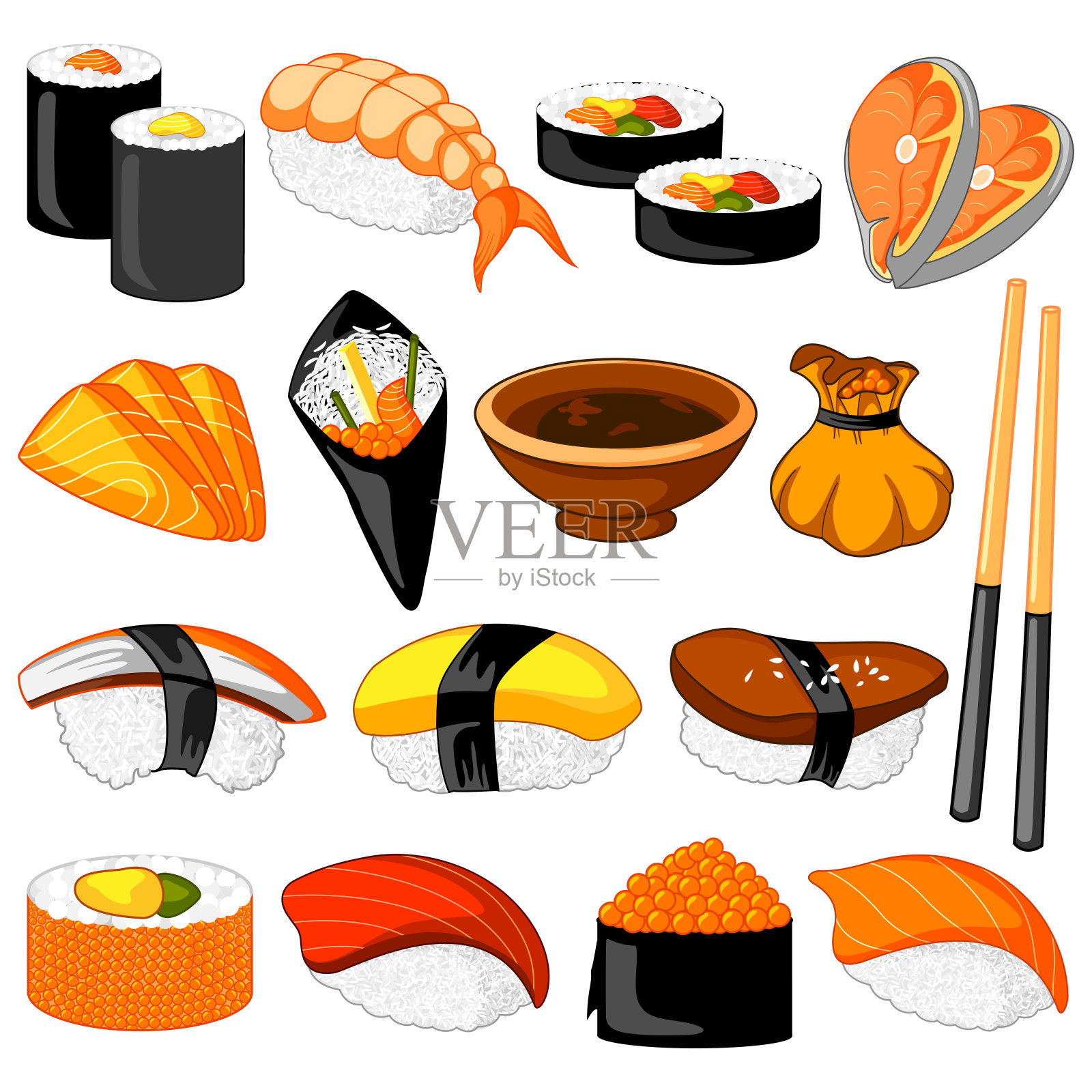 不同种类的寿司东方食品插画图片素材