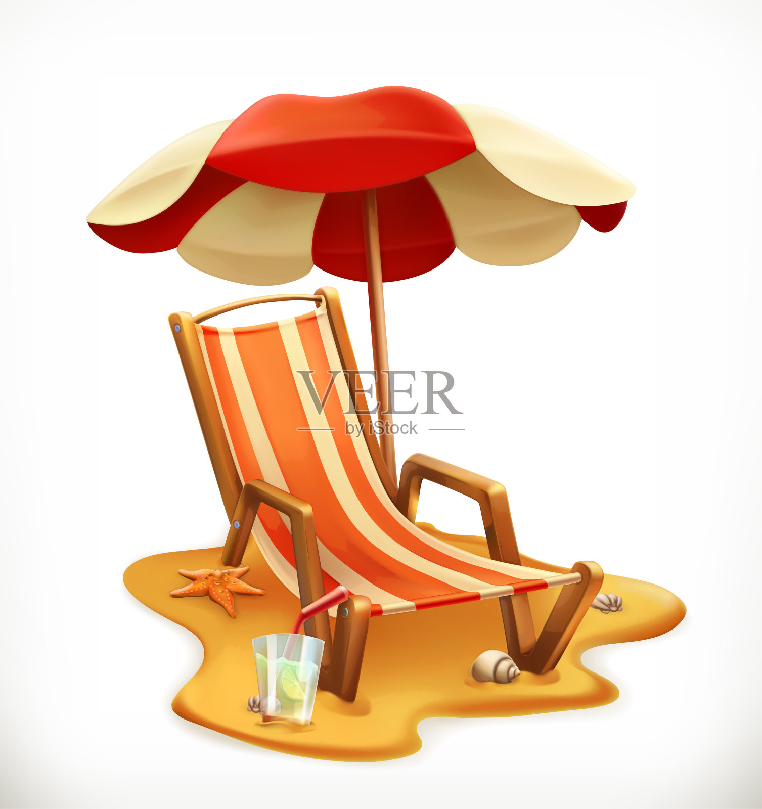 沙滩伞和躺椅，3d矢量图标插画图片素材