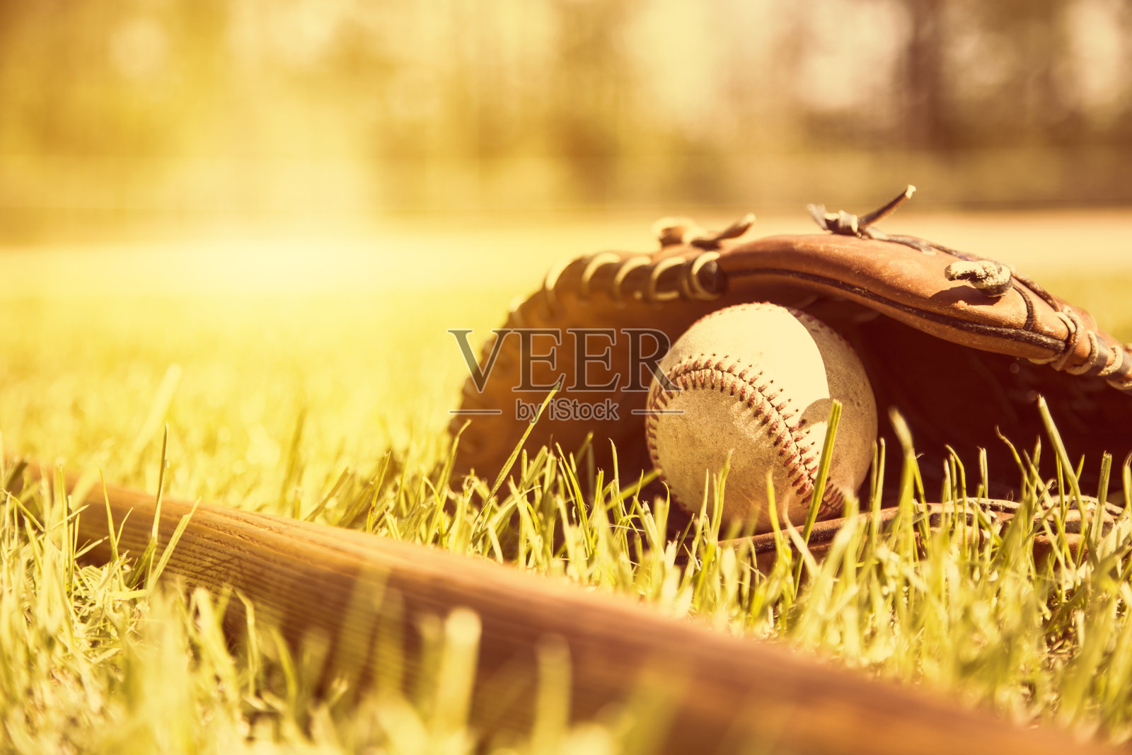 棒球赛季到了。球场上的球棒、手套和球。照片摄影图片