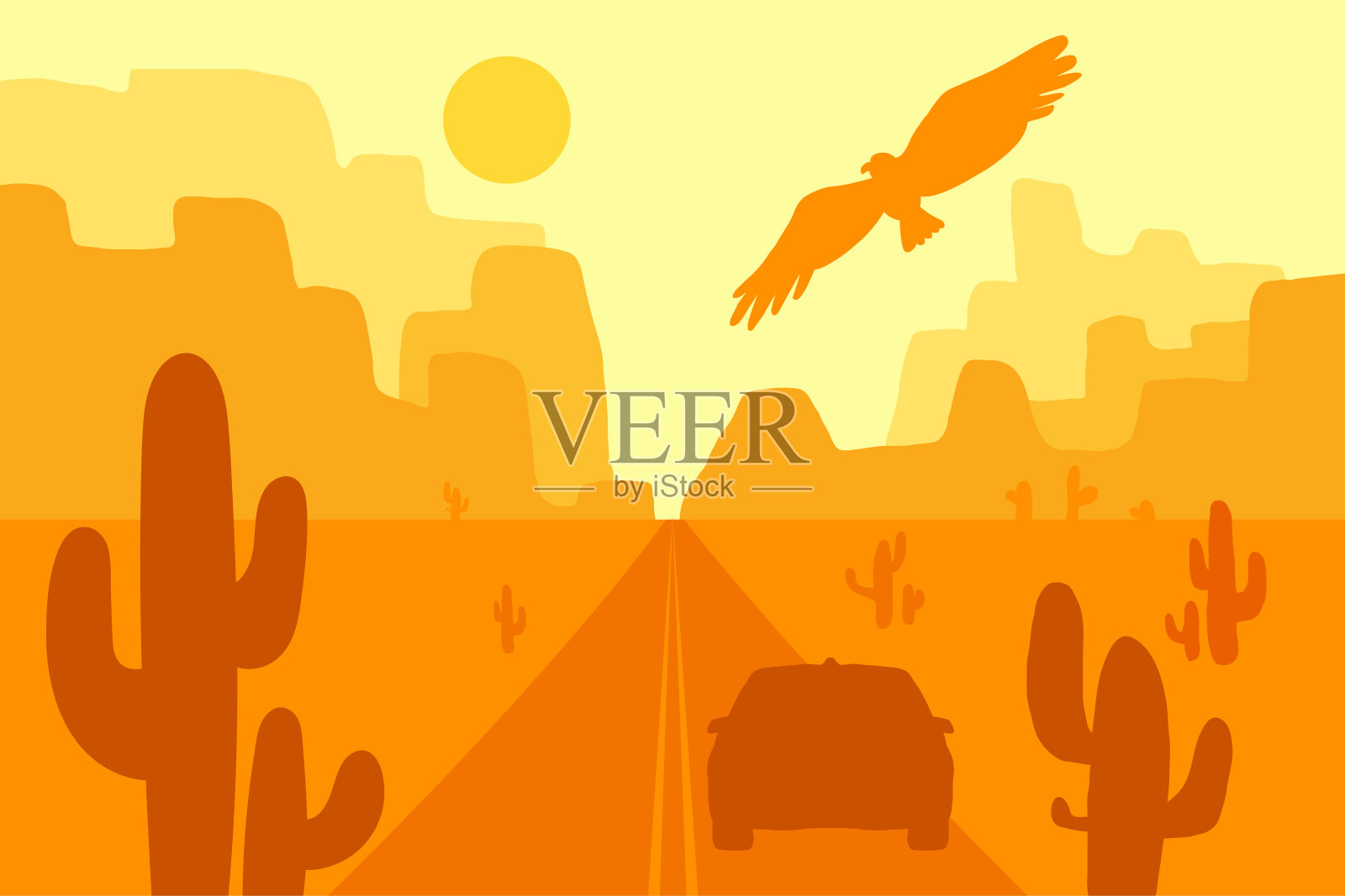 沙漠景观有鹰，仙人掌和阳光插画图片素材