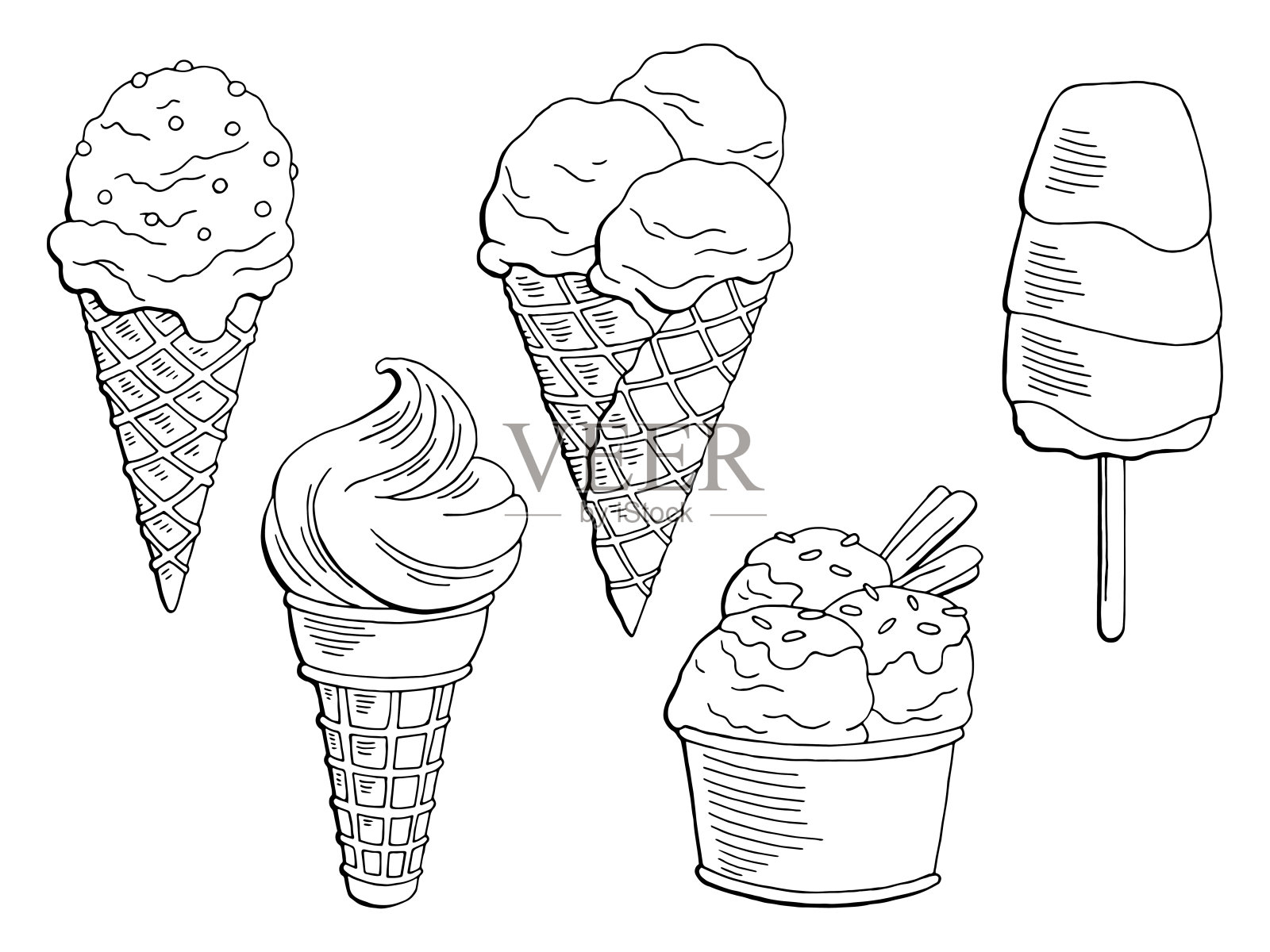 冰淇淋甜点图形黑白孤立集素描插图矢量设计元素图片