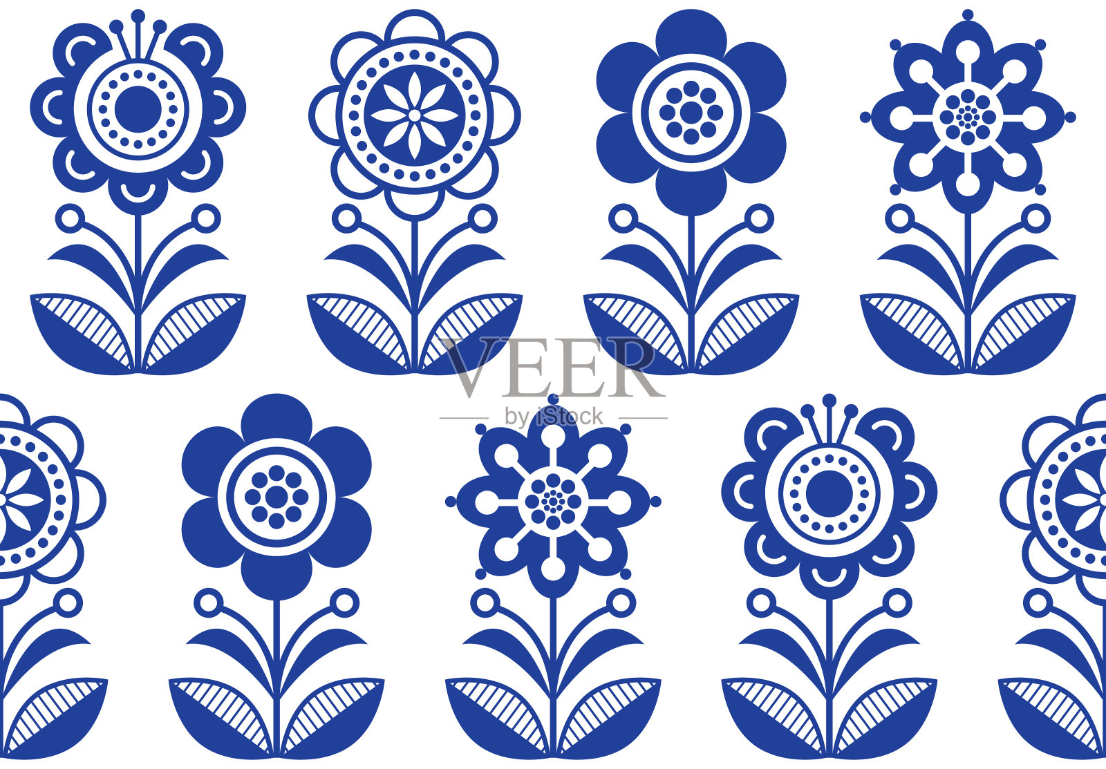 民间艺术花卉，无缝矢量花卉图案，斯堪的纳维亚海军蓝重复设计，北欧装饰插画图片素材