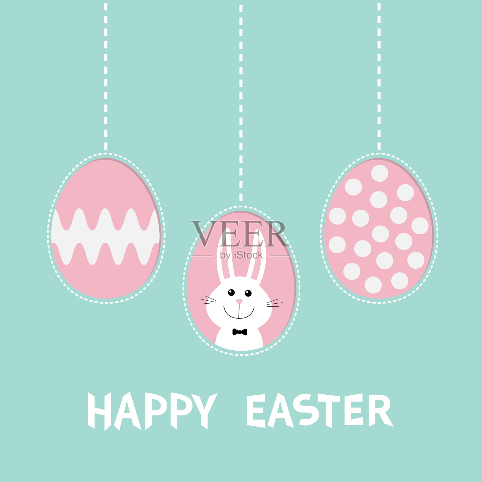 三画蛋壳。兔子戴着蝴蝶结。复活节快乐文本。挂画蛋套。虚线。贺卡。平面设计风格。可爱的装饰元素。设计模板素材