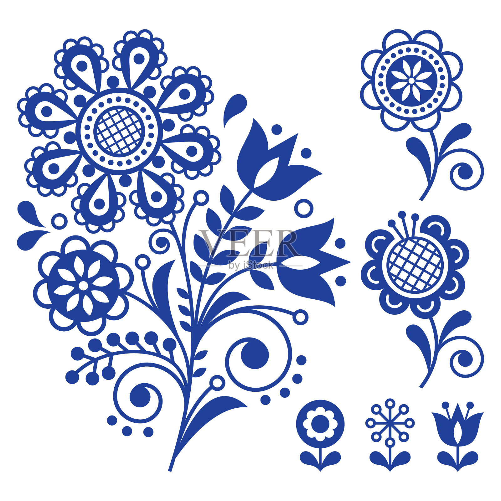 花卉矢量设计，民间艺术矢量装饰用花卉，斯堪的纳维亚海军蓝图案插画图片素材