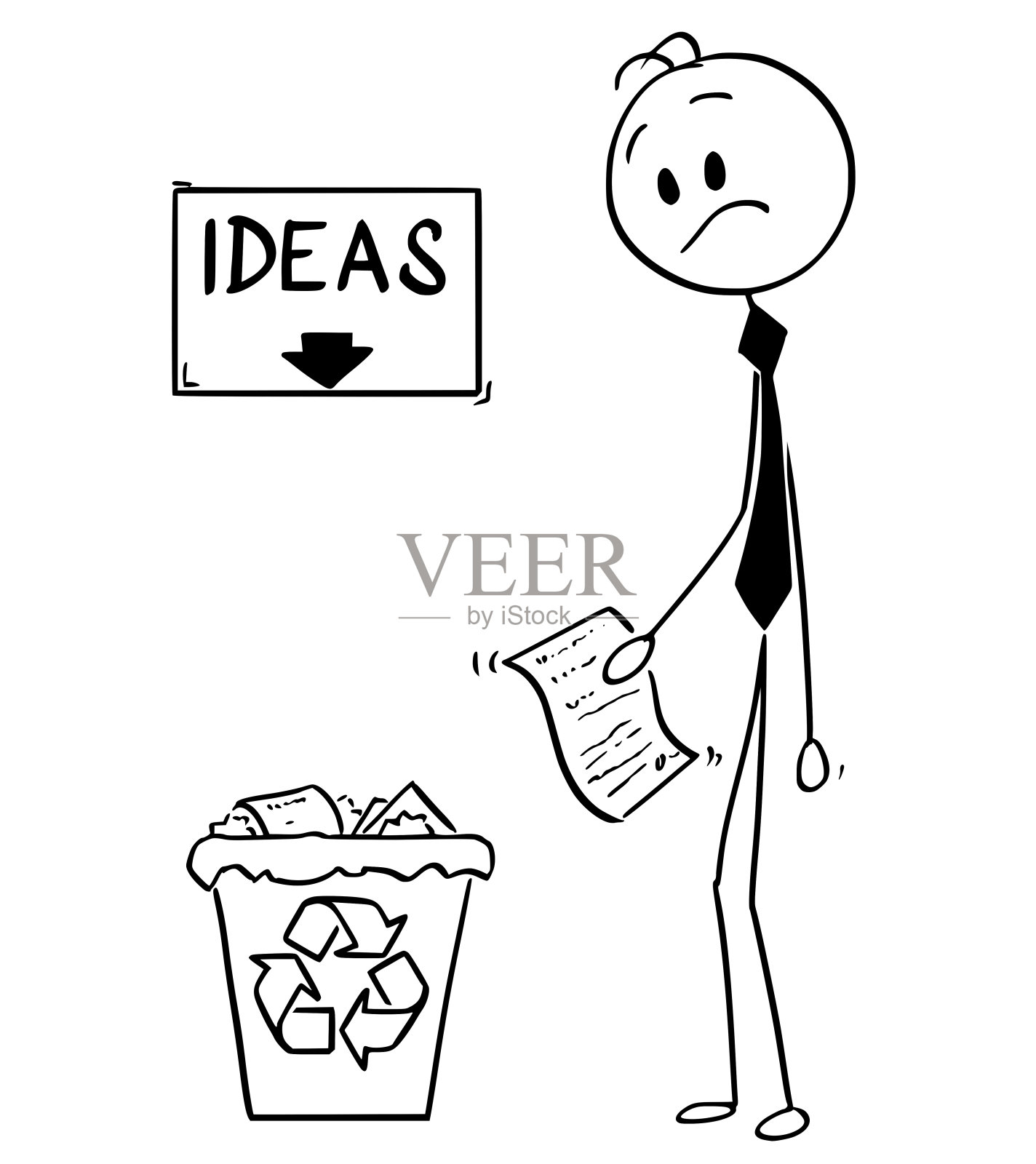 卡通商人的想法或发明在纸上看与想法的标志和箭头上方的垃圾桶插画图片素材