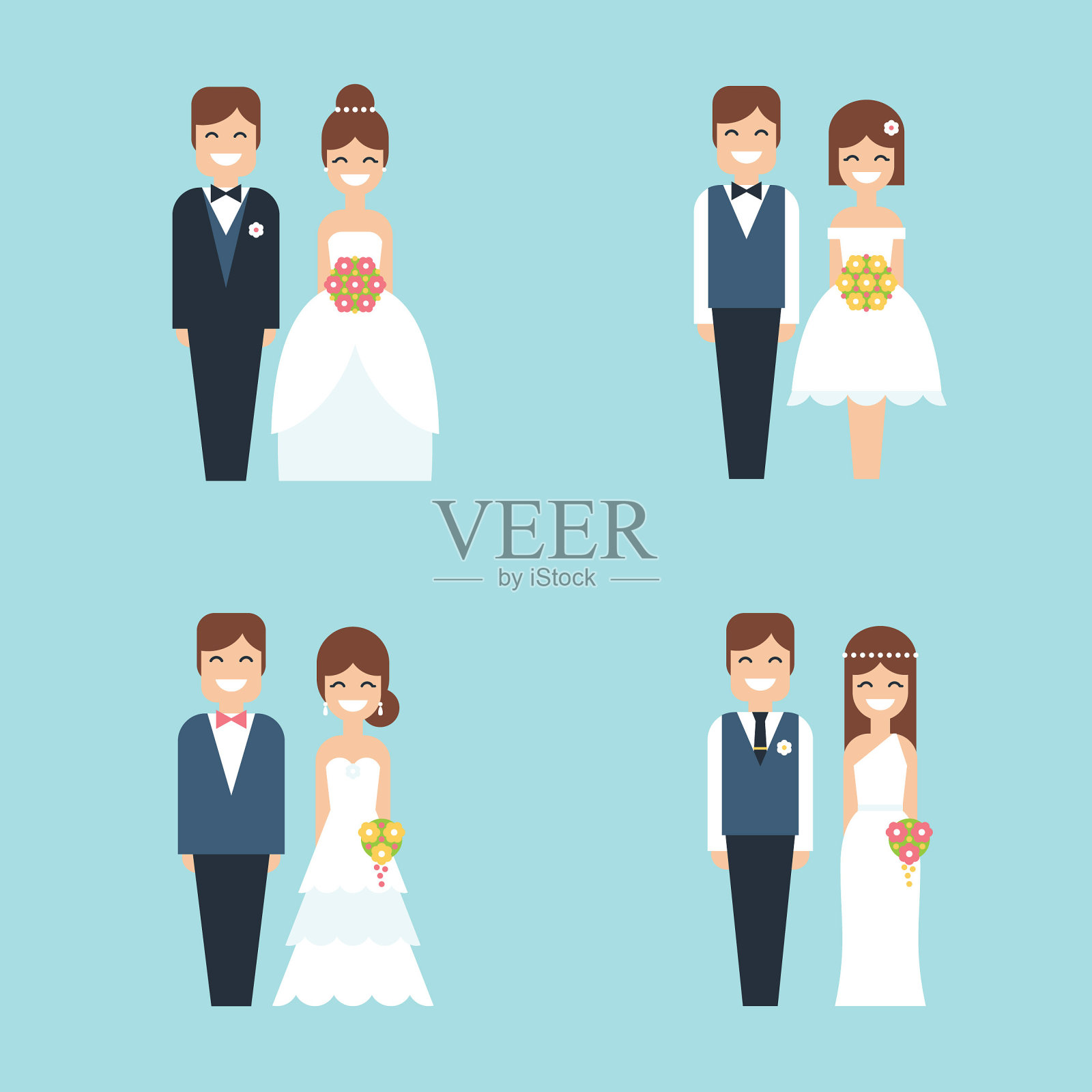 卡通新娘和新郎幸福的微笑新婚夫妇平面矢量图标设置插画图片素材