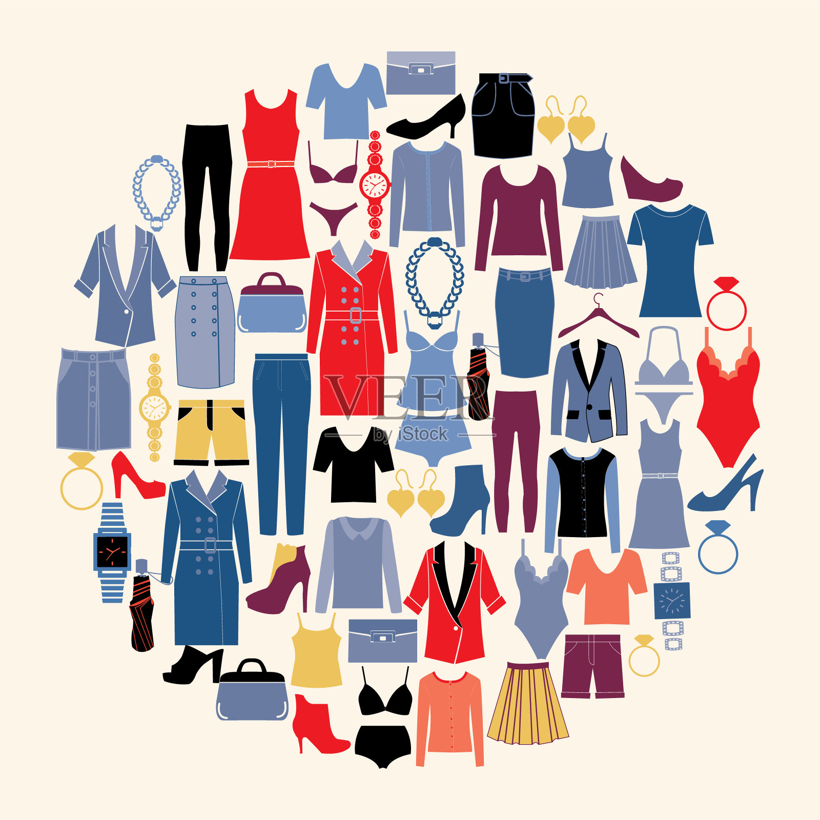 套装的女人衣服和配件在平坦的风格矢量插画图片素材