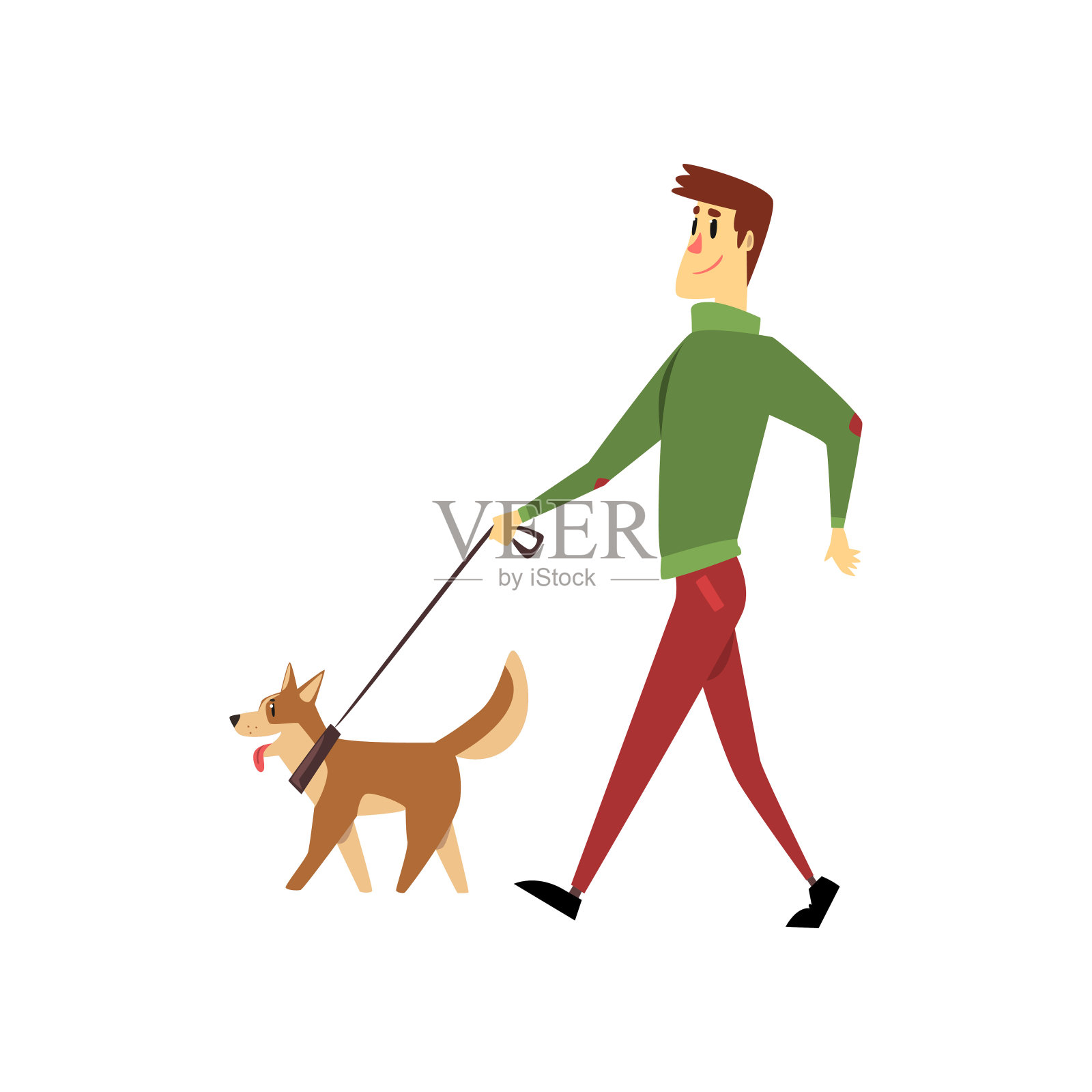 年轻人与他的狗散步，可爱的宠物与主人矢量插图在白色的背景插画图片素材