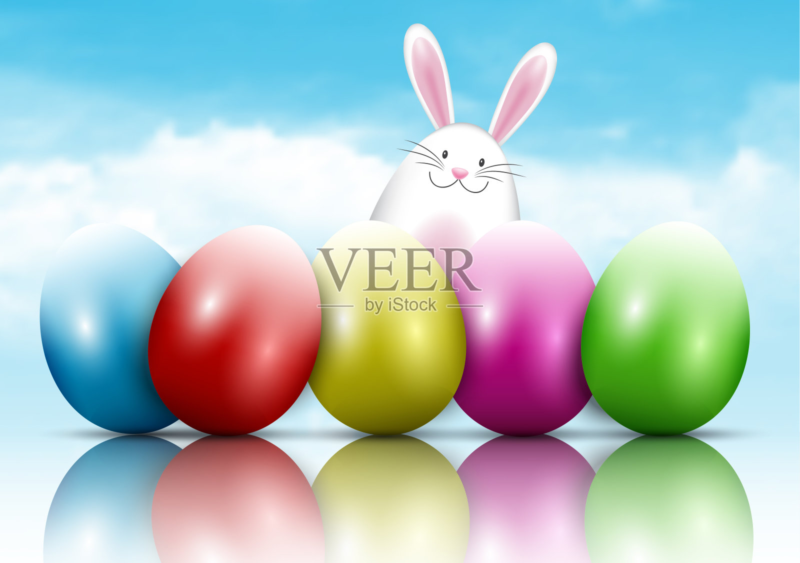 复活节兔子和鸡蛋在蓝天的背景插画图片素材