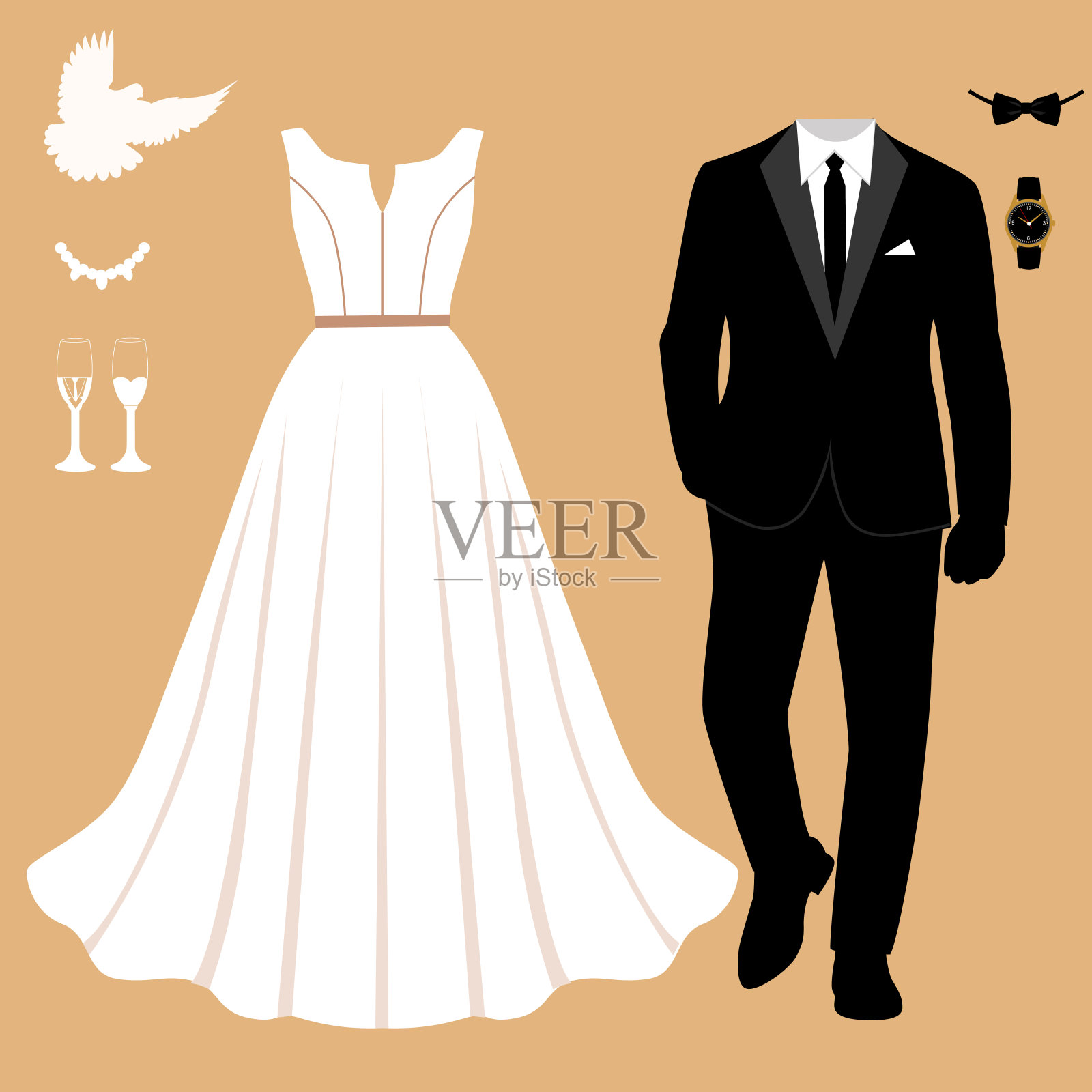 婚礼卡片与新娘和新郎的衣服。衣服。插画图片素材