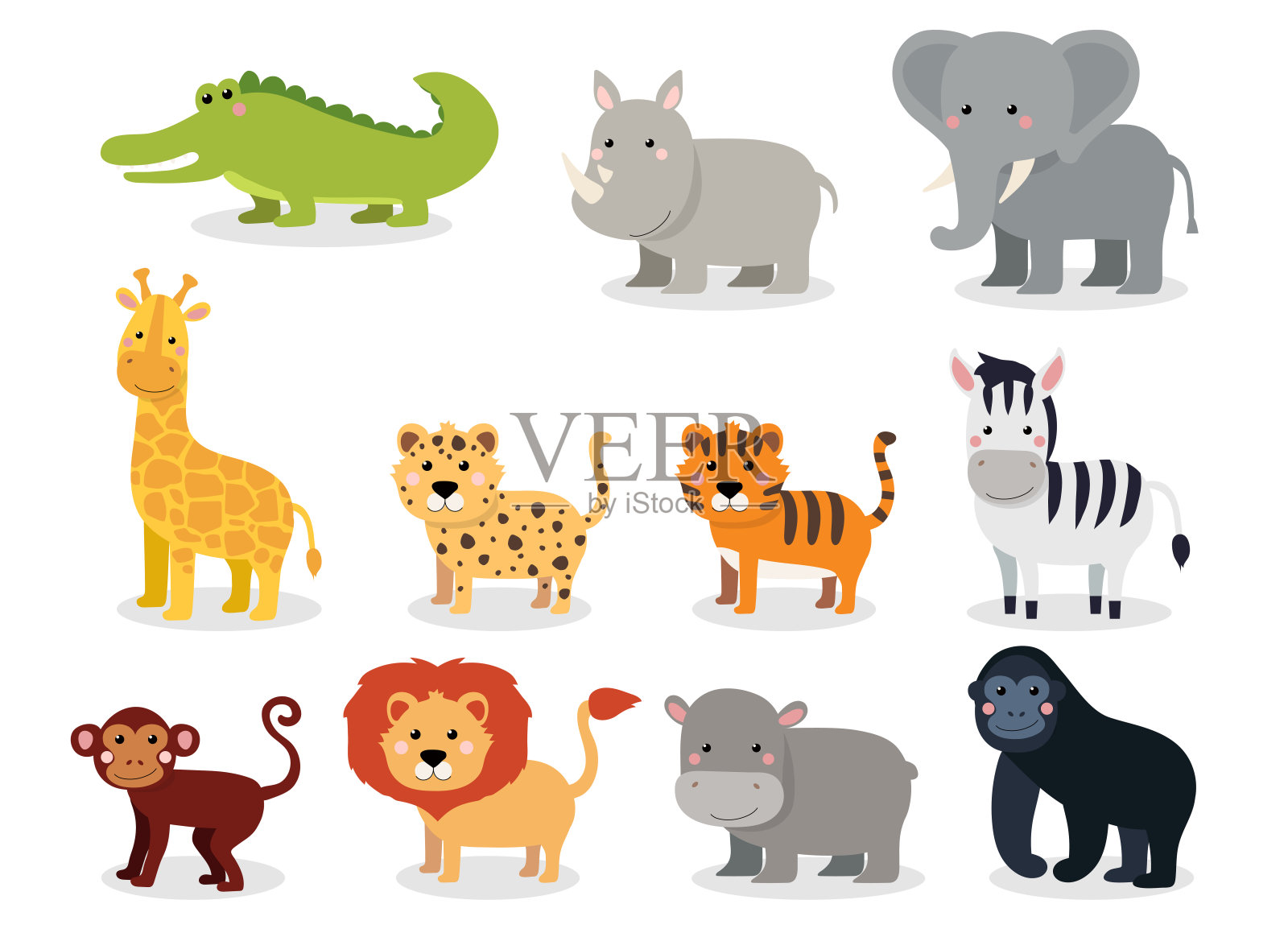 野生动物设置在平面风格孤立在白色背景。矢量插图。收藏可爱卡通动物:鳄鱼、犀牛、大象、长颈鹿、豹子、老虎、斑马、猴子、狮子、河马设计元素图片