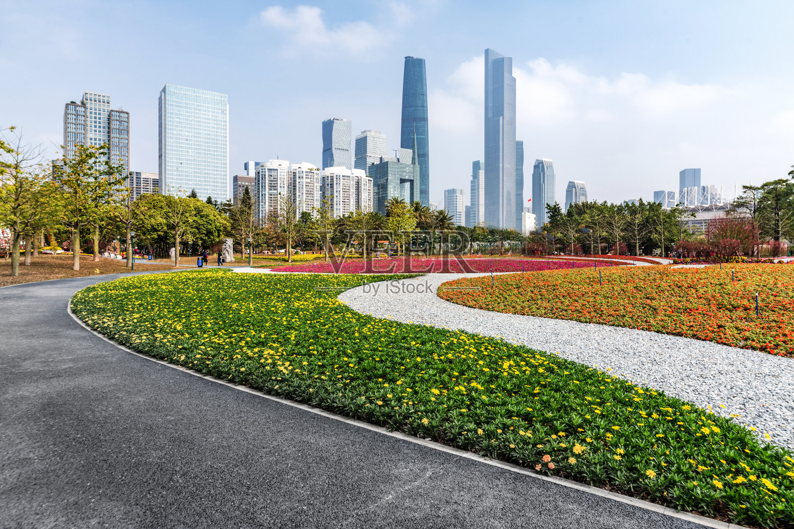 春天，中国广州美丽的公园鲜花和现代化的城市建筑照片摄影图片