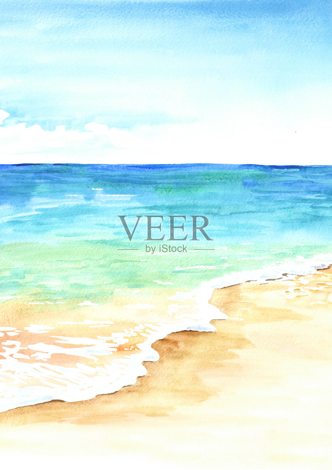 夏日的热带海滩，金色的沙滩和海浪。手绘水彩插图插画图片素材