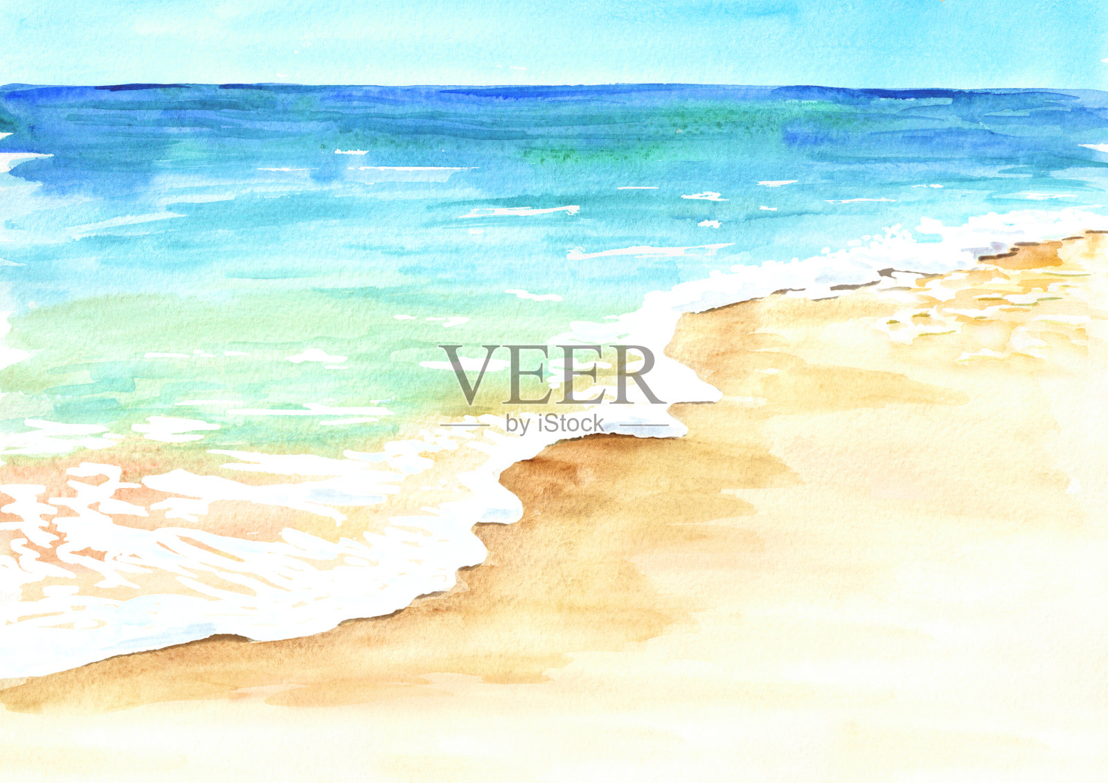 夏日的热带海滩，金色的沙滩和海浪。手绘水彩插图插画图片素材