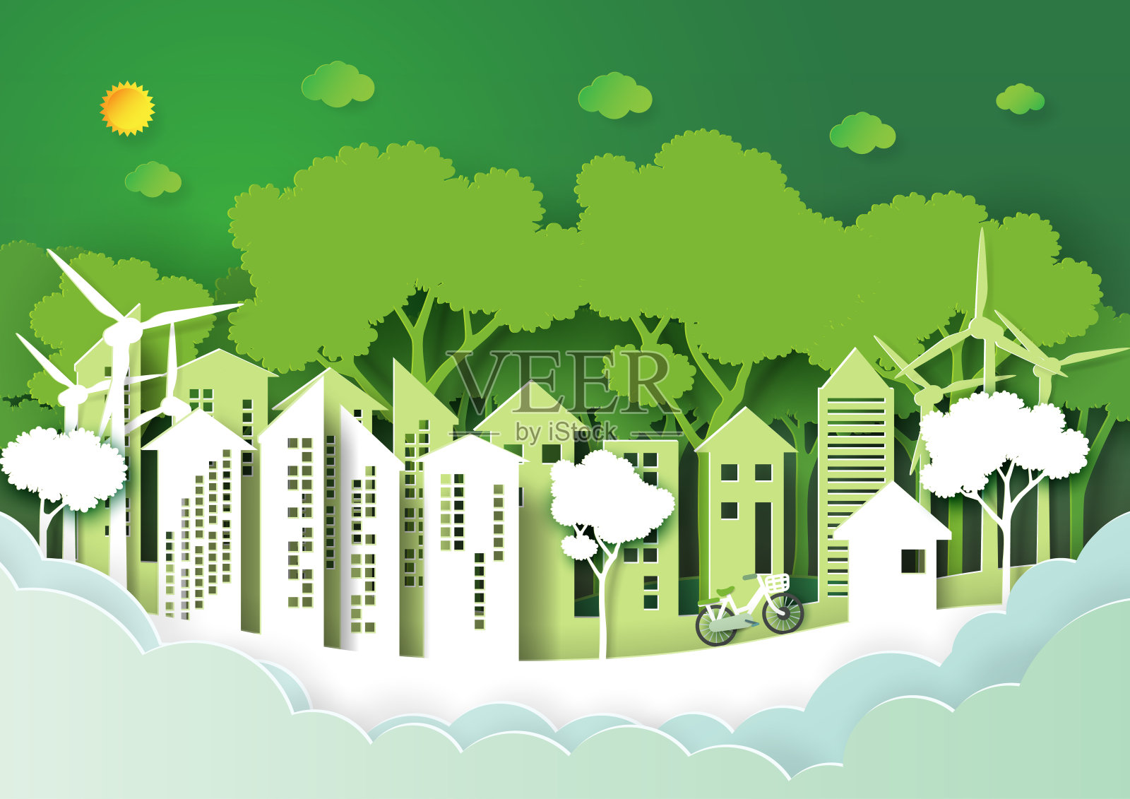绿色城市城市纸艺术风格插画图片素材