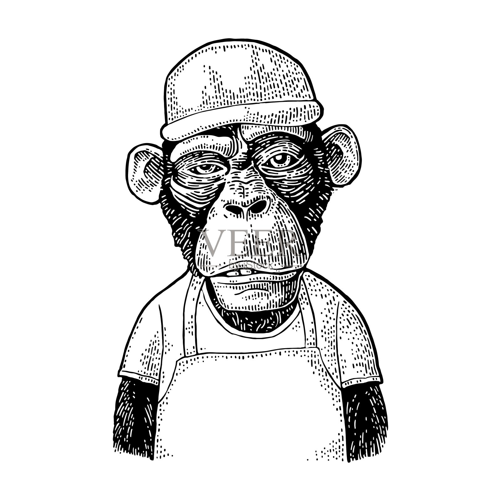 猴子快餐工人。复古的黑色t恤雕刻设计元素图片
