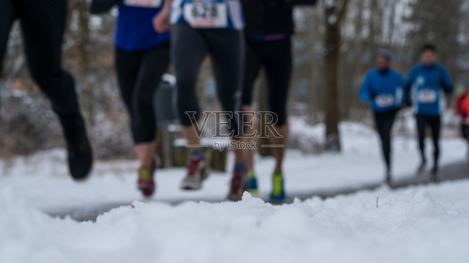 一群跑步者在飘落的雪中参加冬季森林马拉松照片摄影图片