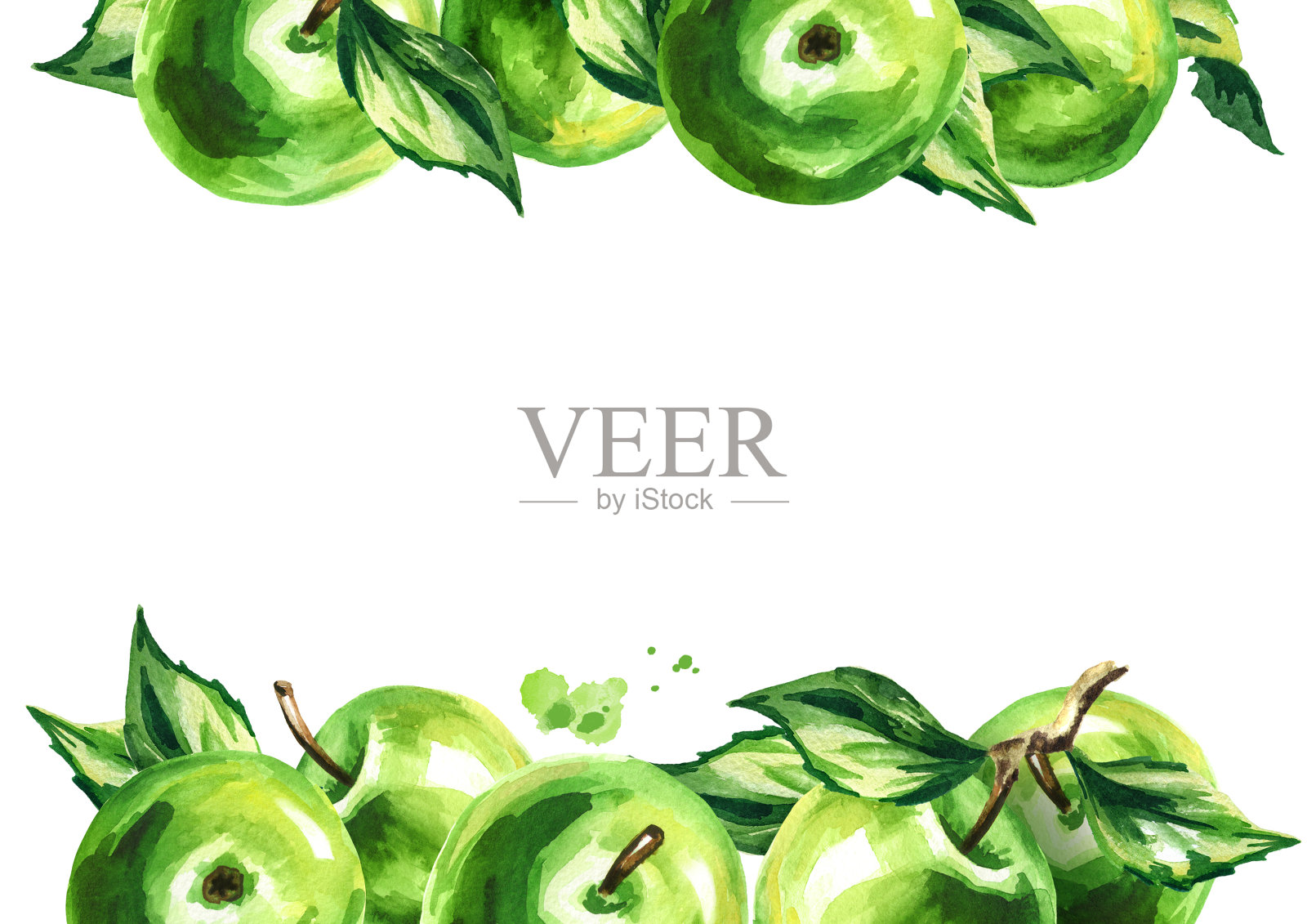 绿苹果和树叶背景，水彩手绘插图插画图片素材