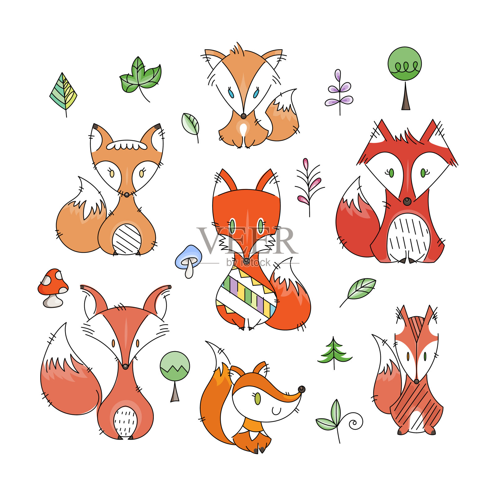 一套可爱的涂鸦狐狸在简单的平面风格设计元素图片