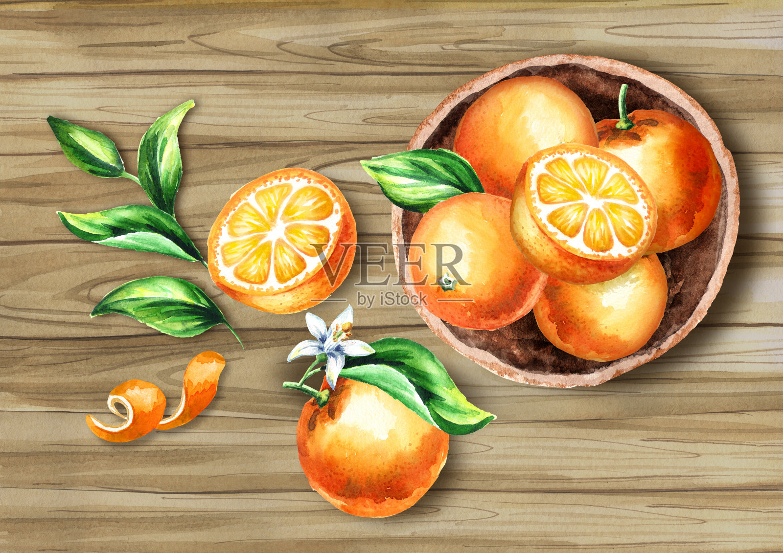 鲜橙盘在板上俯视图组成。水彩手绘插图插画图片素材