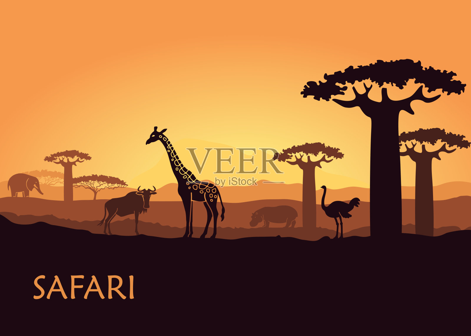 有野生动物的非洲景观插画图片素材