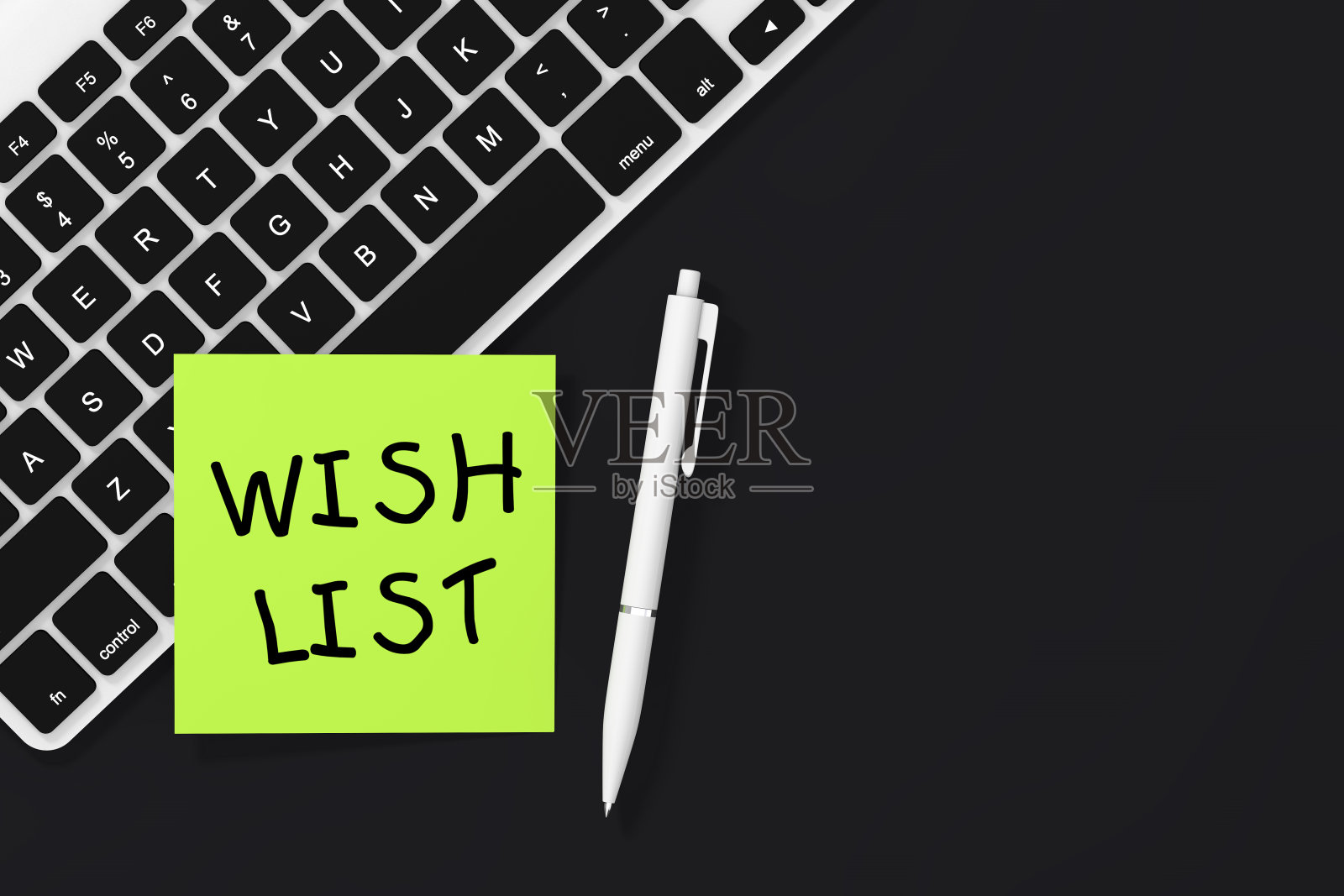 Sticky Note Paper with Wish List Sign, White Pen and Keyboard. 3d渲染照片摄影图片