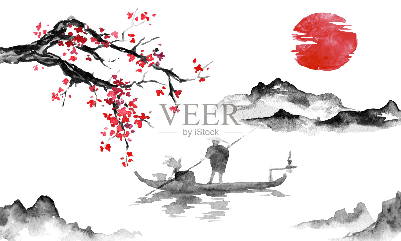 日本传统sumi-e画。墨汁插图。男人和船。山景与樱花。夕阳,黄昏。日本的照片。插画图片素材