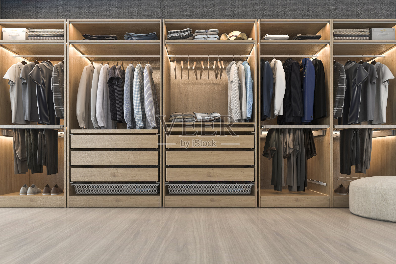 3d渲染现代斯堪的纳维亚白色木材走在衣柜与衣柜靠近窗户照片摄影图片