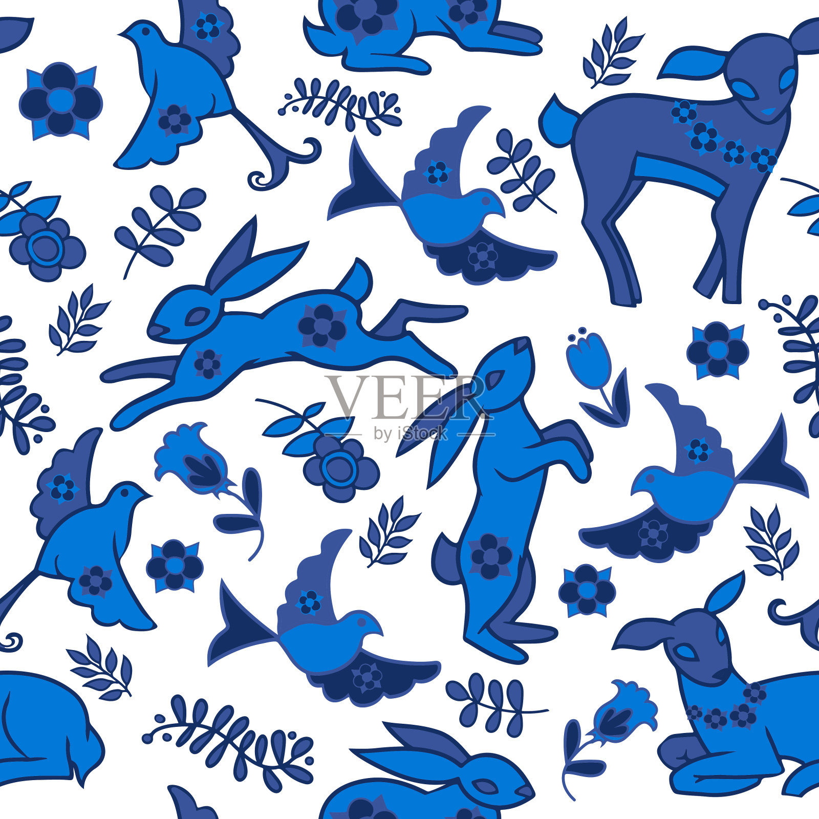卡通无缝图案与单色插图。野兔，鹿，鸟和花卉元素。插画图片素材