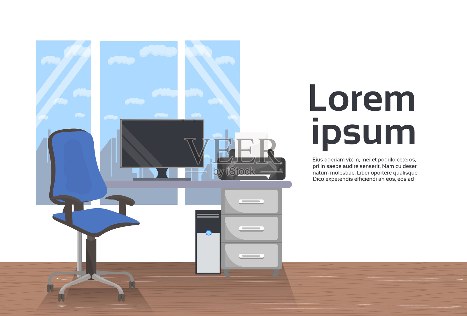 空的工作场所办公室室内书桌与电脑和椅子在窗户背景插画图片素材