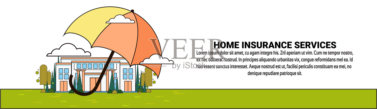 家庭保险服务旗帜与伞覆盖房地产财产保护和安全概念插画图片素材