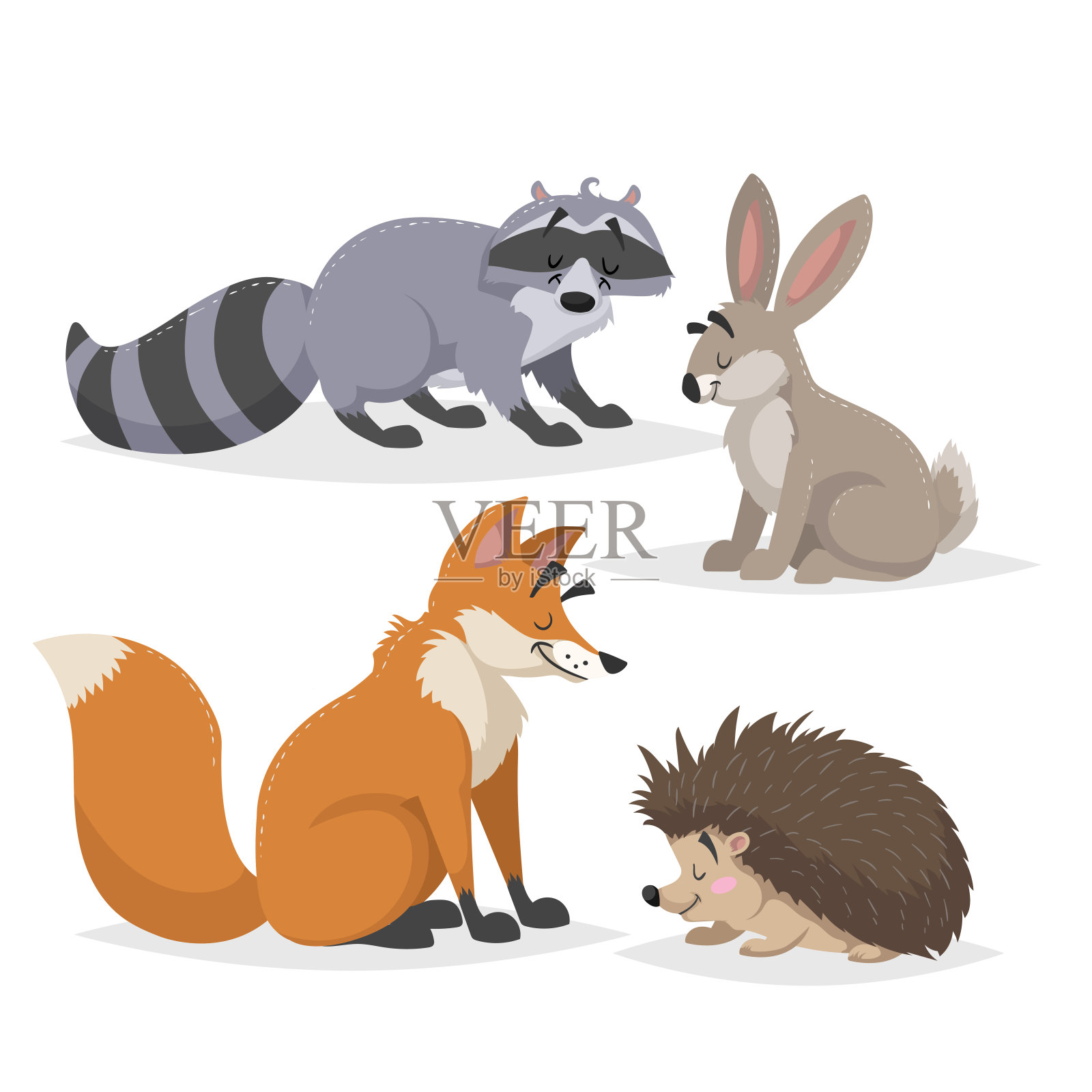 森林动物组。浣熊，野兔，刺猬和红狐。快乐的微笑和开朗的性格。矢量动物园插图孤立的白色背景。插画图片素材
