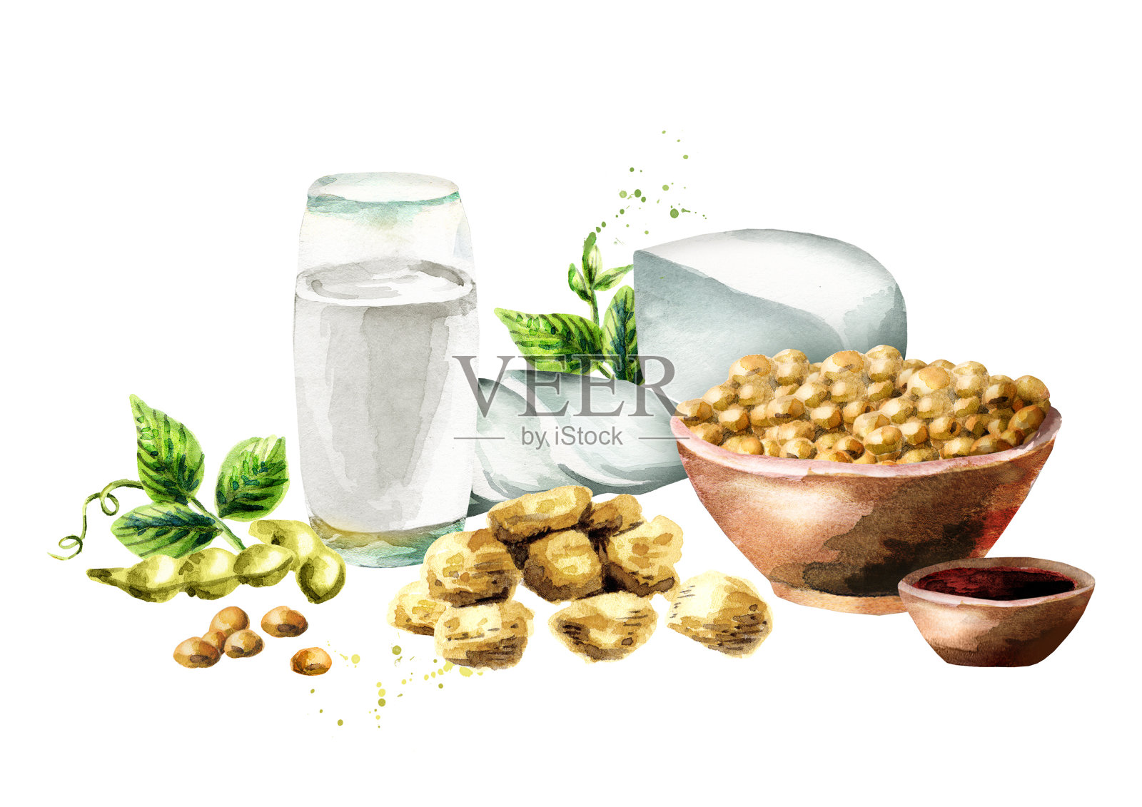 豆制品由大豆、牛奶、肉、豆腐、酱油和绿叶组成。水彩手绘插图。插画图片素材