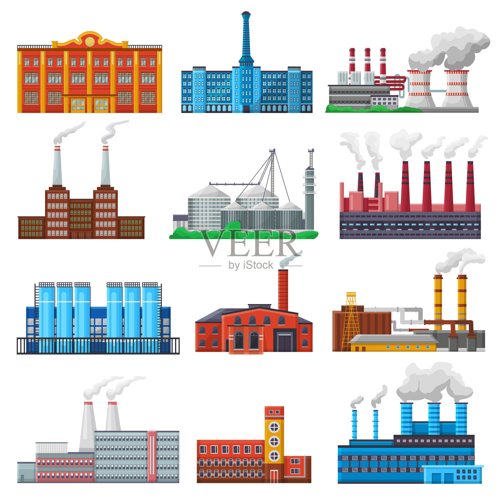 工厂向量工业建筑和工业或制造与工程动力插图组制造建筑生产能源或电力隔离在白色背景图标素材