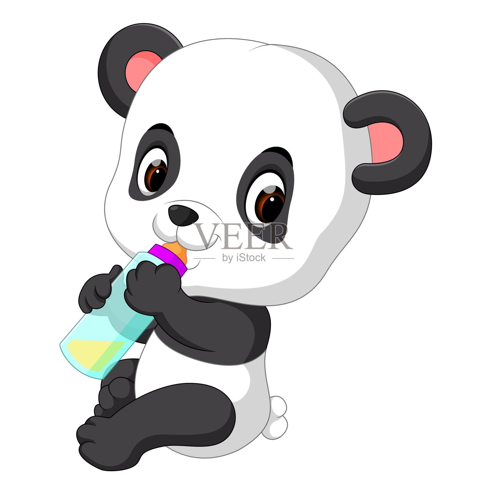 可爱的熊猫宝宝抱着奶瓶插画图片素材