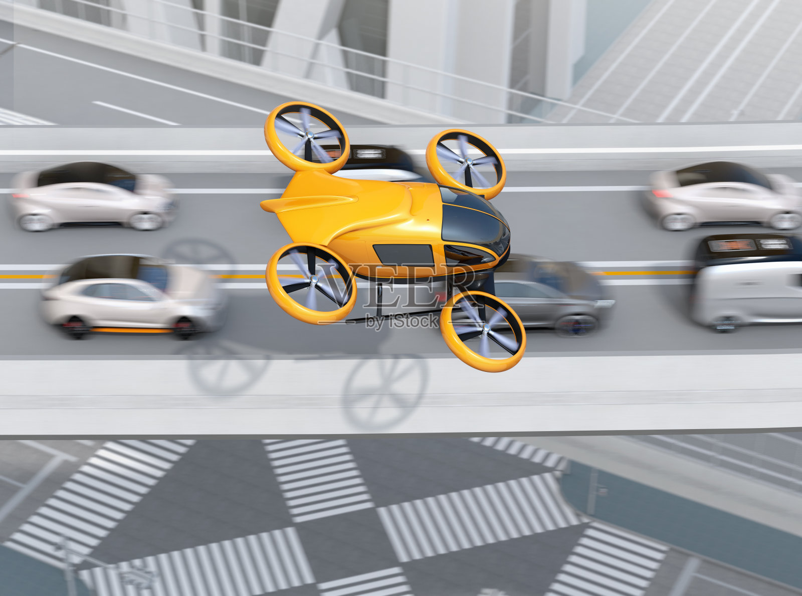 黄色的无人驾驶飞机飞过交通拥堵的汽车照片摄影图片
