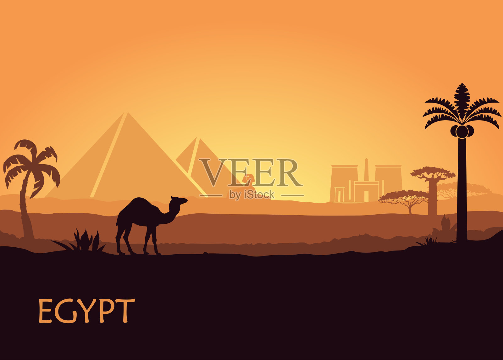 骆驼在非洲野生金字塔景观背景插图插画图片素材