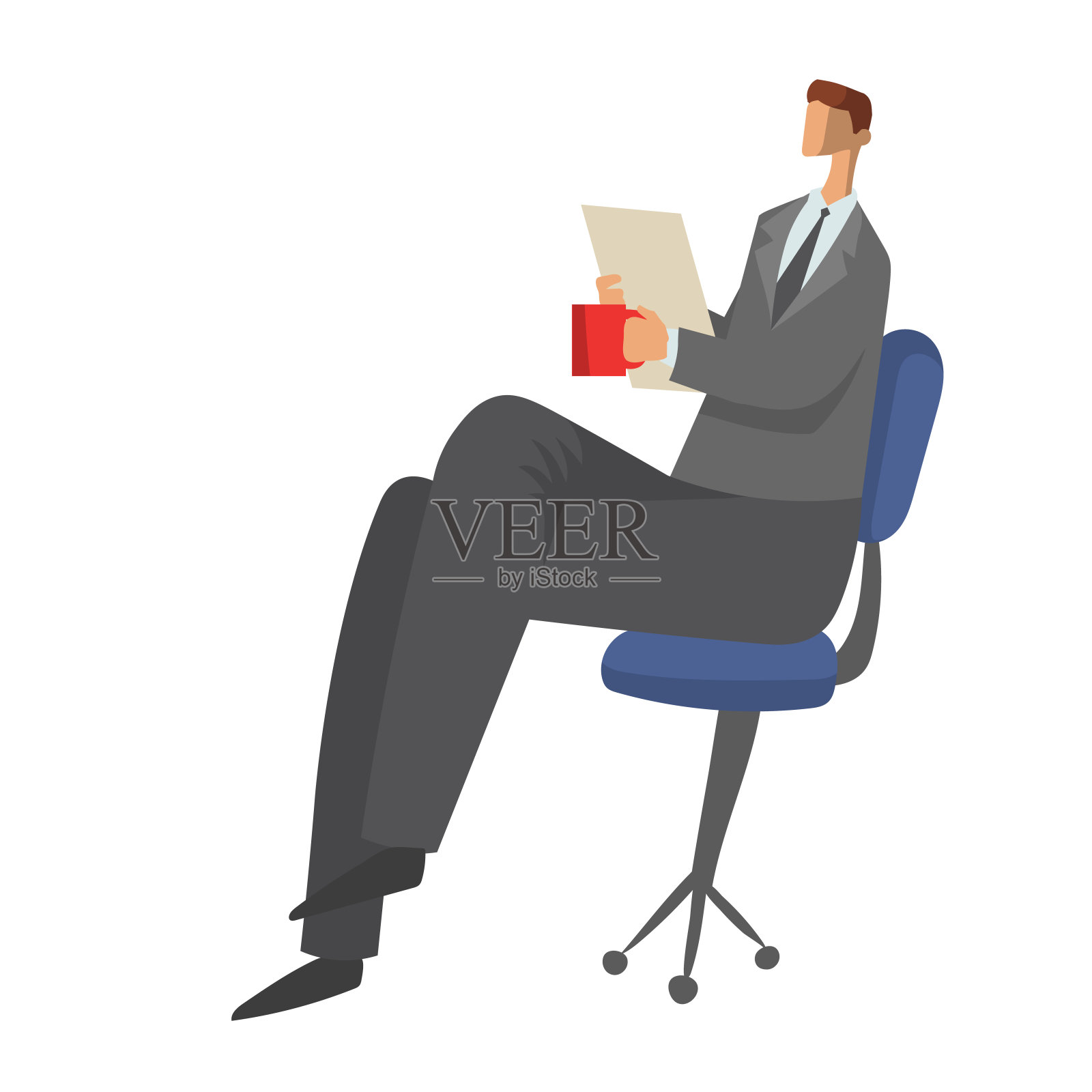 商人坐在椅子上，手里拿着文件，喝着茶或咖啡。字符矢量插图孤立在白色背景上。插画图片素材