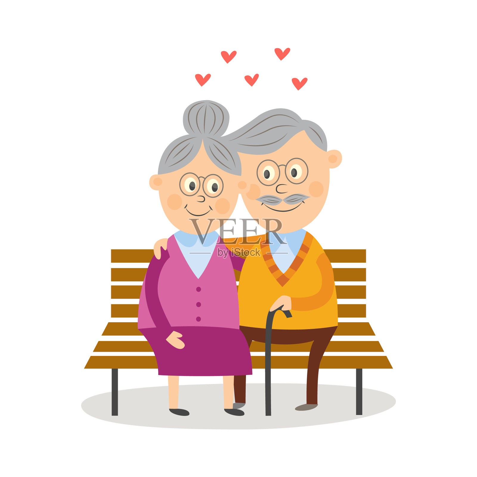 一对有趣的老夫妇坐在公园的长椅上插画图片素材