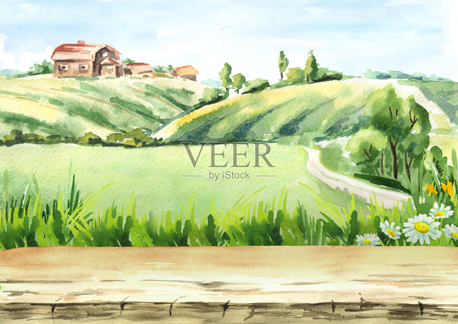老农场以乡村景观和空表为背景。水彩手绘插图插画图片素材