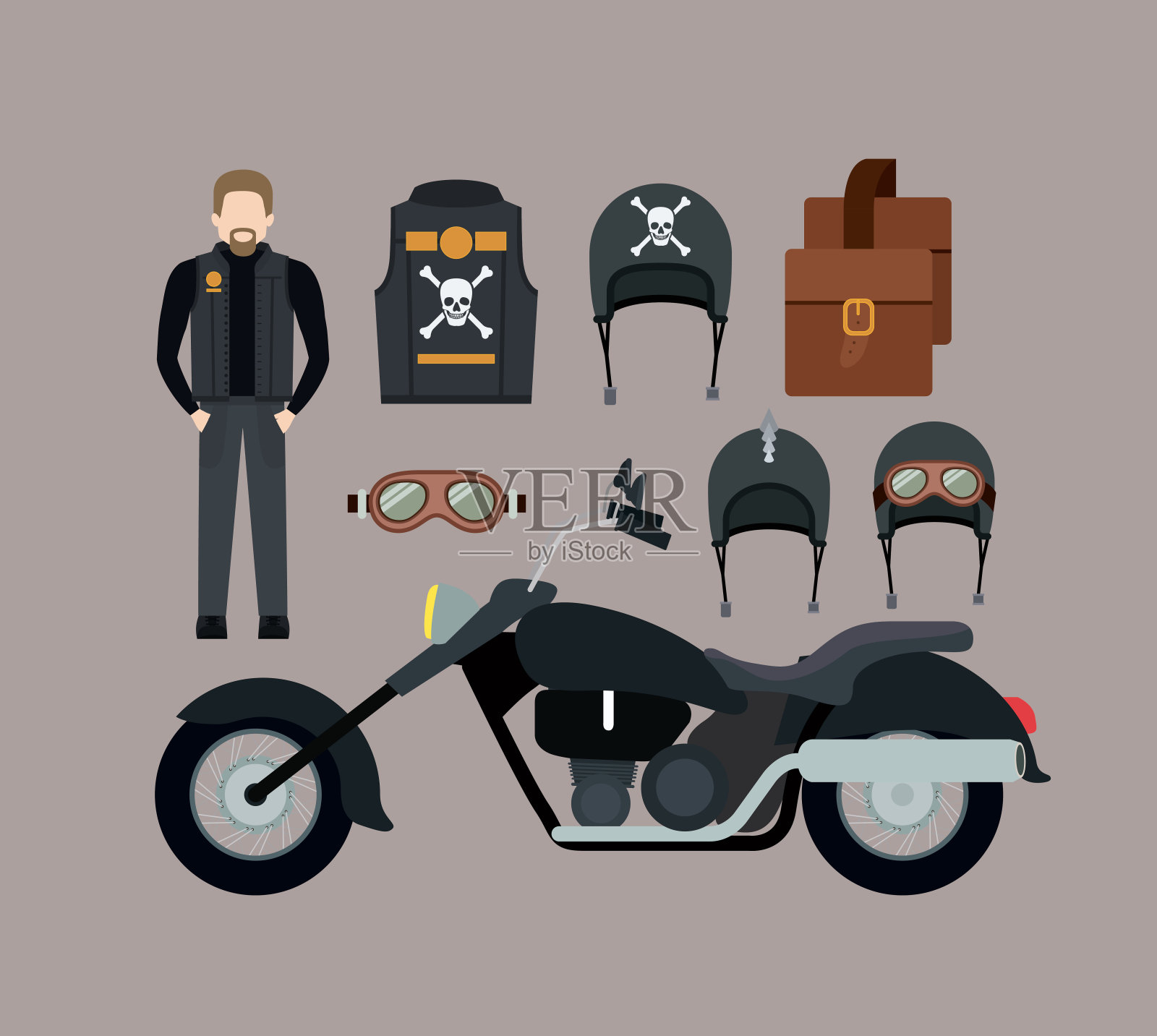 摩托车和经典的黑色摩托车夹克和皮包和头盔眼镜在蓟色的背景插画图片素材