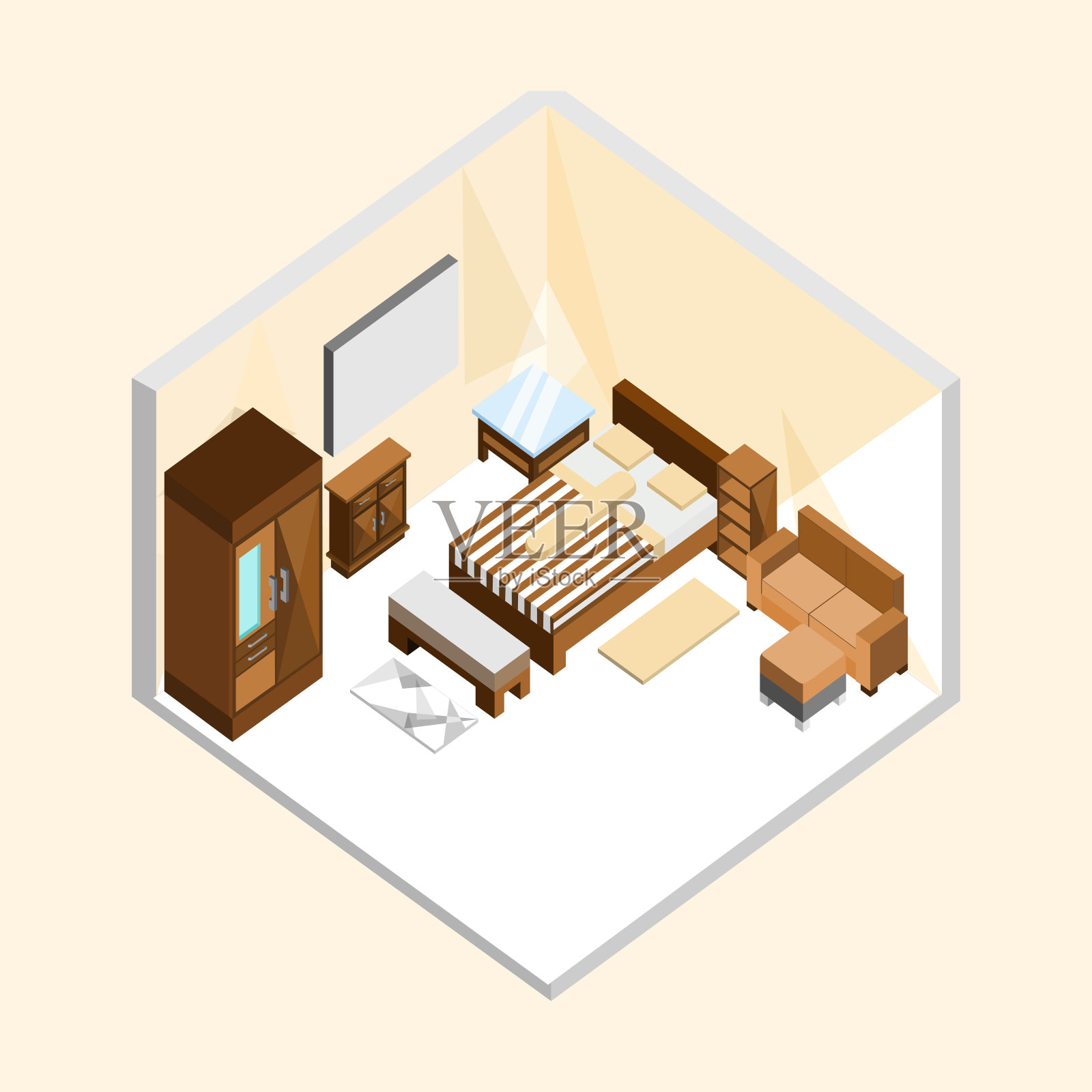 天然木材经典卧室等距家居室内插图设计设计元素图片