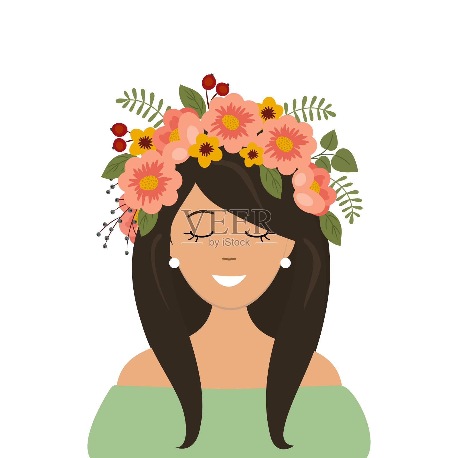一个头上戴着装饰性花环的可爱女孩的肖像插画图片素材